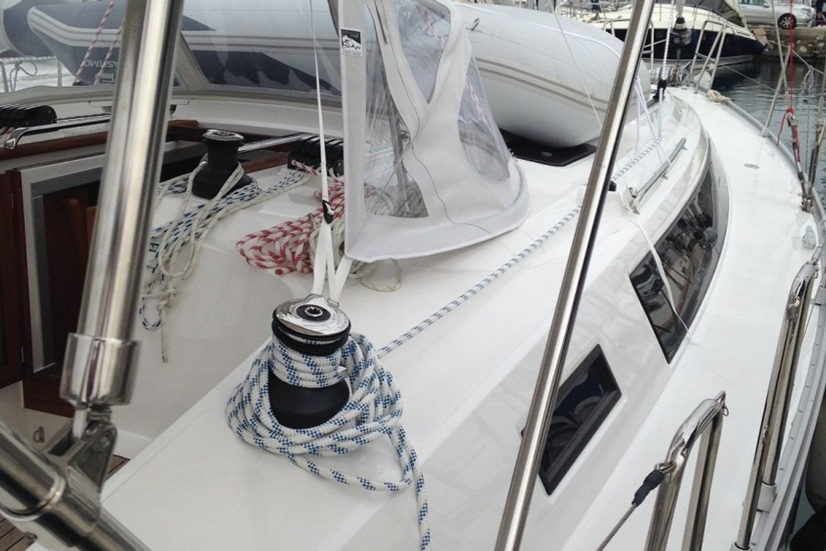 Deck of Alisahni, a Bavaria Cruiser 41 sailboat at Kos, Greece