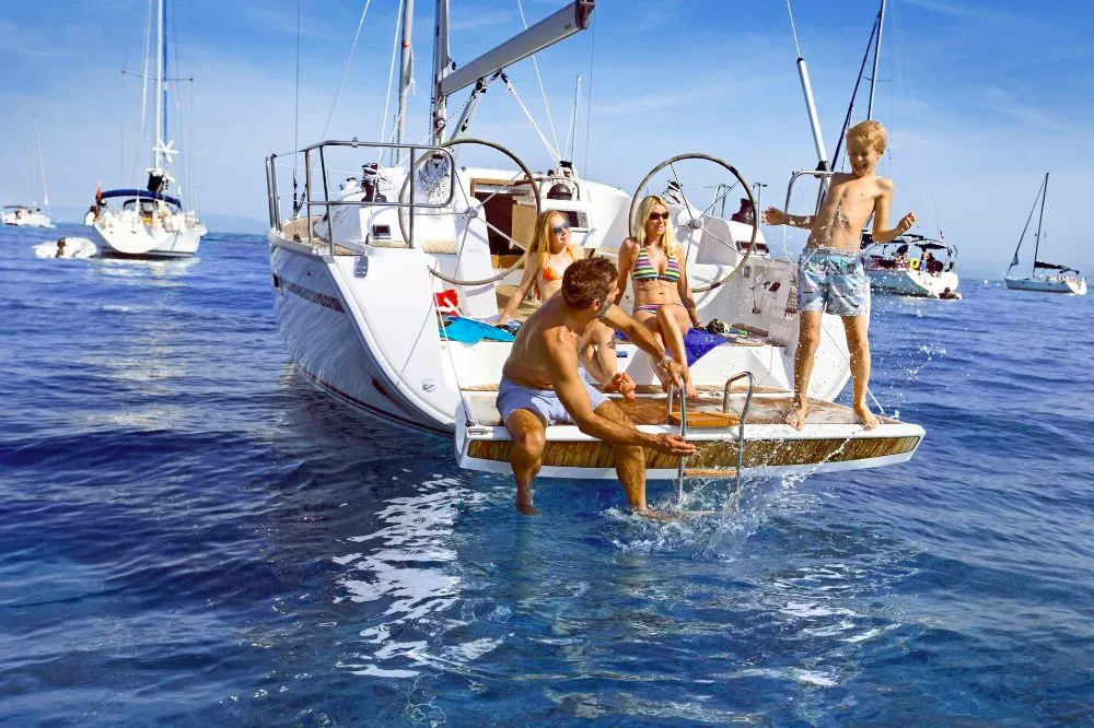 Exterior view of Alisahni, a Bavaria Cruiser 41 sailboat at Kos, Greece