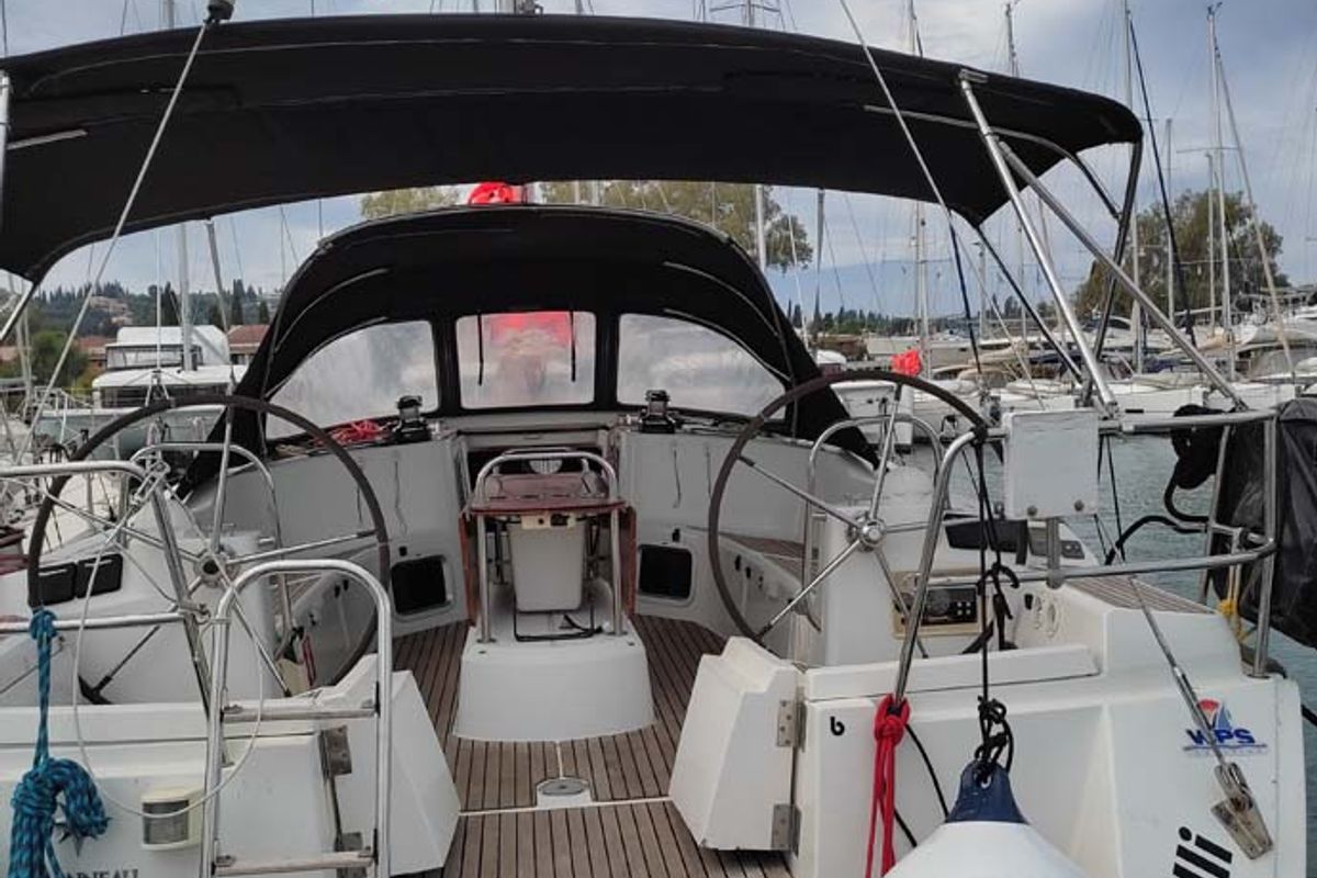 Cockpit of Miss Elli, a Jeanneau Sun Odyssey 44i sailboat at Kontokali, Greece