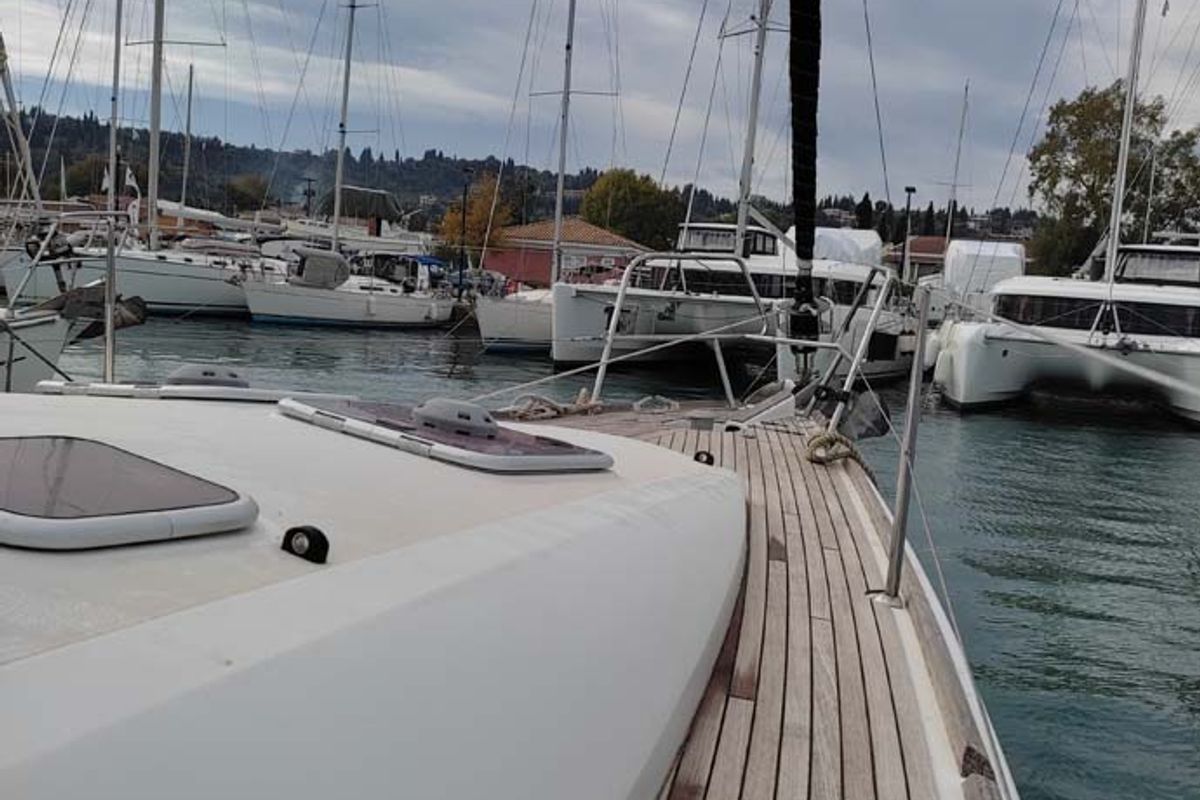 Deck of Miss Elli, a Jeanneau Sun Odyssey 44i sailboat at Kontokali, Greece