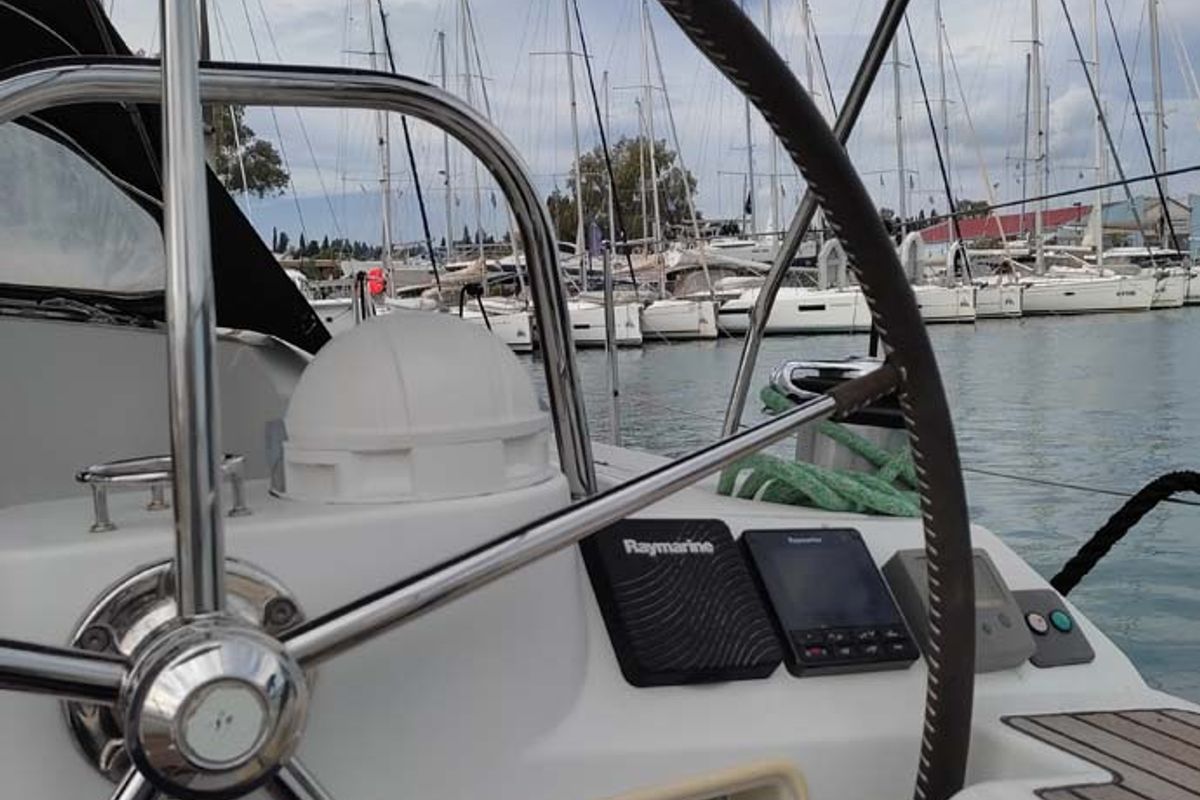 Cockpit of Miss Elli, a Jeanneau Sun Odyssey 44i sailboat at Kontokali, Greece
