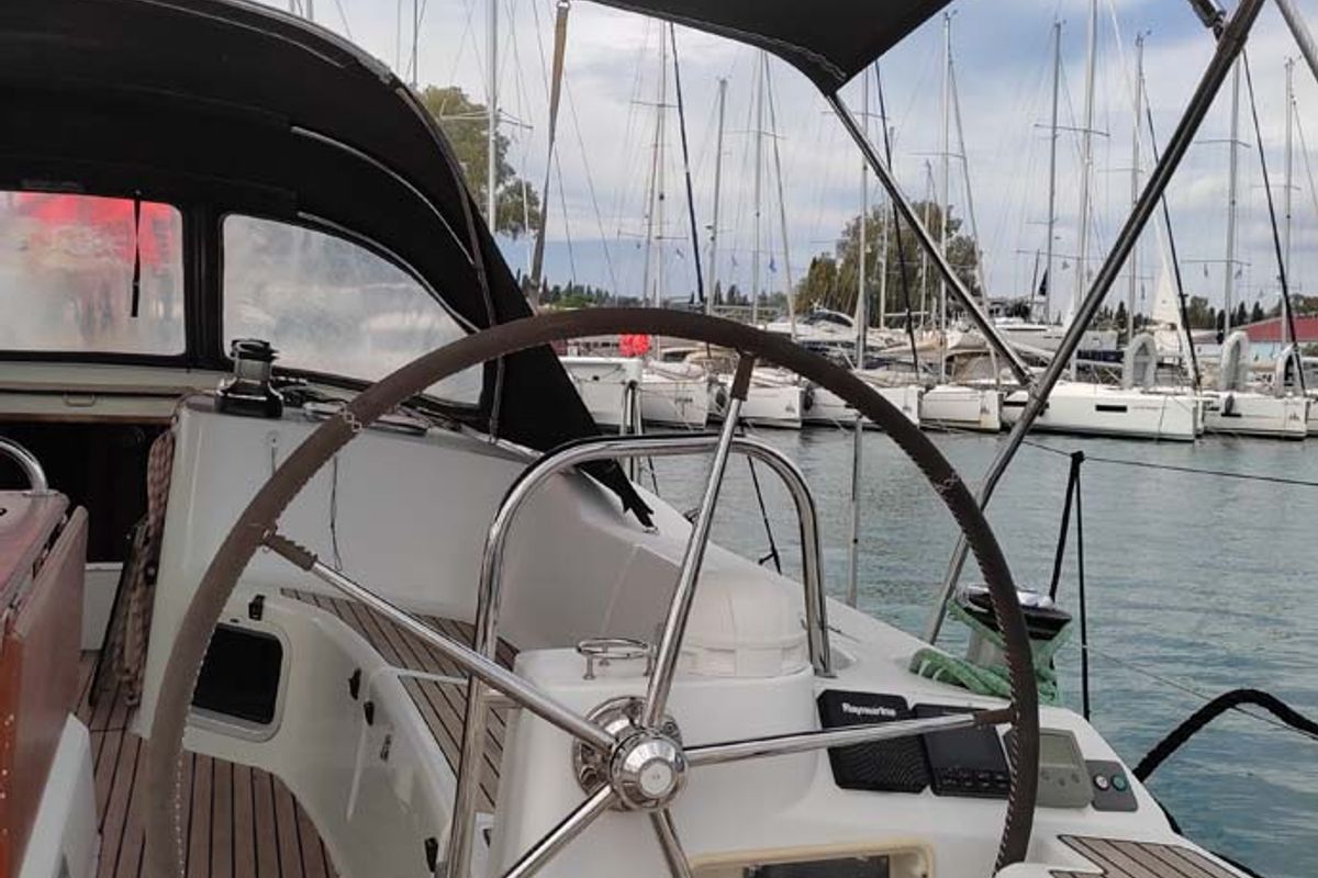 Cockpit of Miss Elli, a Jeanneau Sun Odyssey 44i sailboat at Kontokali, Greece