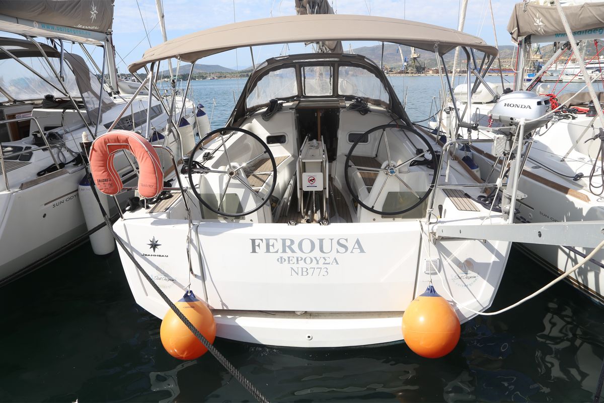 Exterior view of Ferousa, a Jeanneau Sun Odyssey 349 sailboat at Volos Municipality, Greece