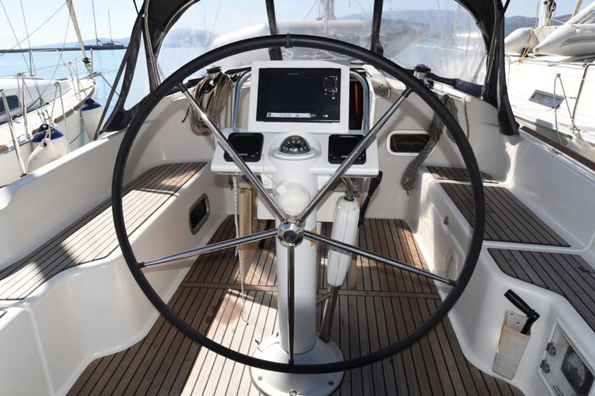 Cockpit of Galene, a Beneteau Oceanis 37 sailboat at Loutraki, Greece