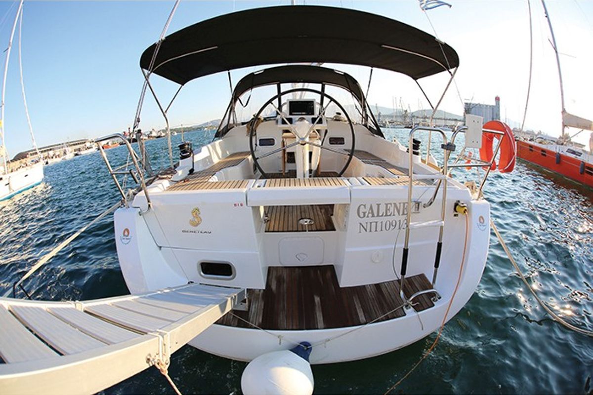 Cockpit of Galene, a Beneteau Oceanis 37 sailboat at Loutraki, Greece