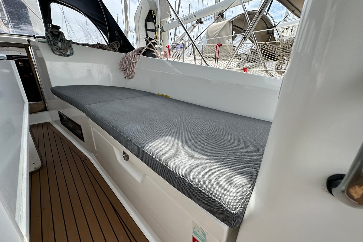 Deck of Sylvia, a Bavaria Cruiser 40 sailboat at Preveza, Greece