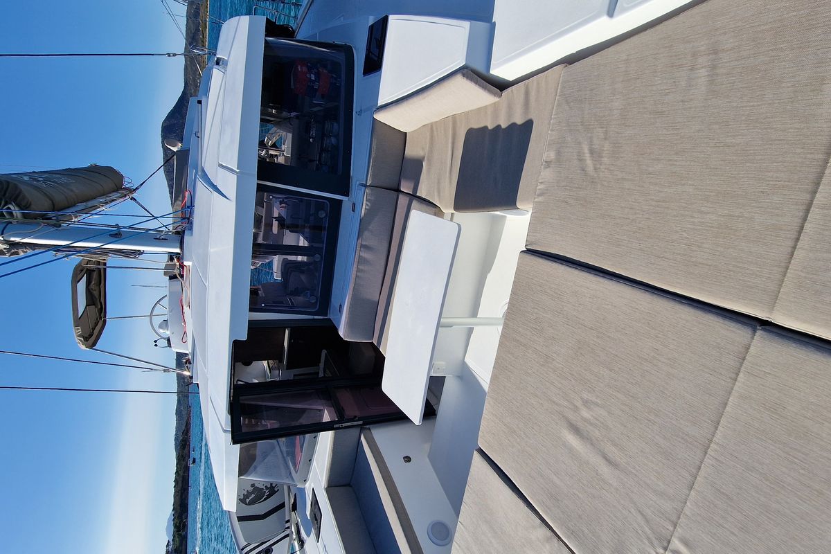 Deck of Fabster19, a Bali 4.2 catamaran at Figari/Golfo Aranci, Italy