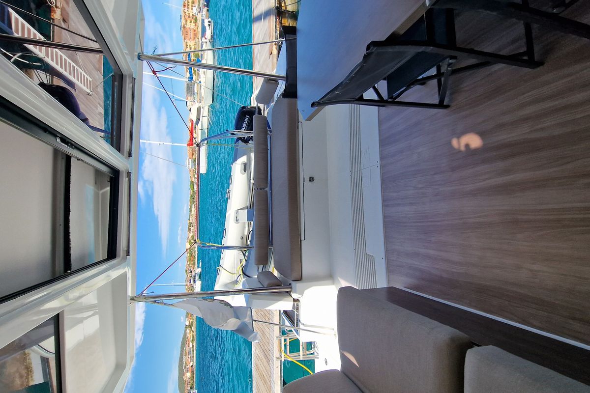 Deck of Fabster19, a Bali 4.2 catamaran at Figari/Golfo Aranci, Italy