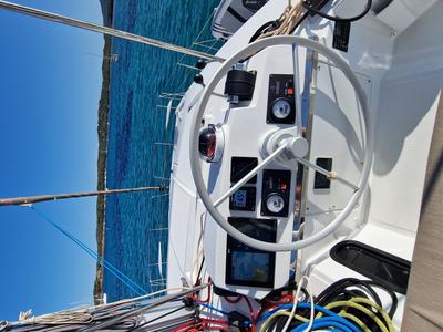 Cockpit of Fabster19, a Bali 4.2 catamaran at Figari/Golfo Aranci, Italy