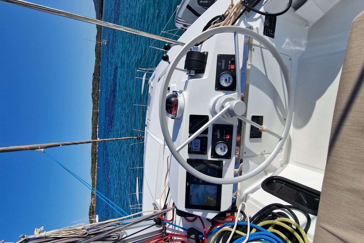 Cockpit of Fabster19, a Bali 4.2 catamaran at Figari/Golfo Aranci, Italy