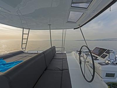 Cockpit of K3, a Lagoon 50 catamaran at Kos, Greece