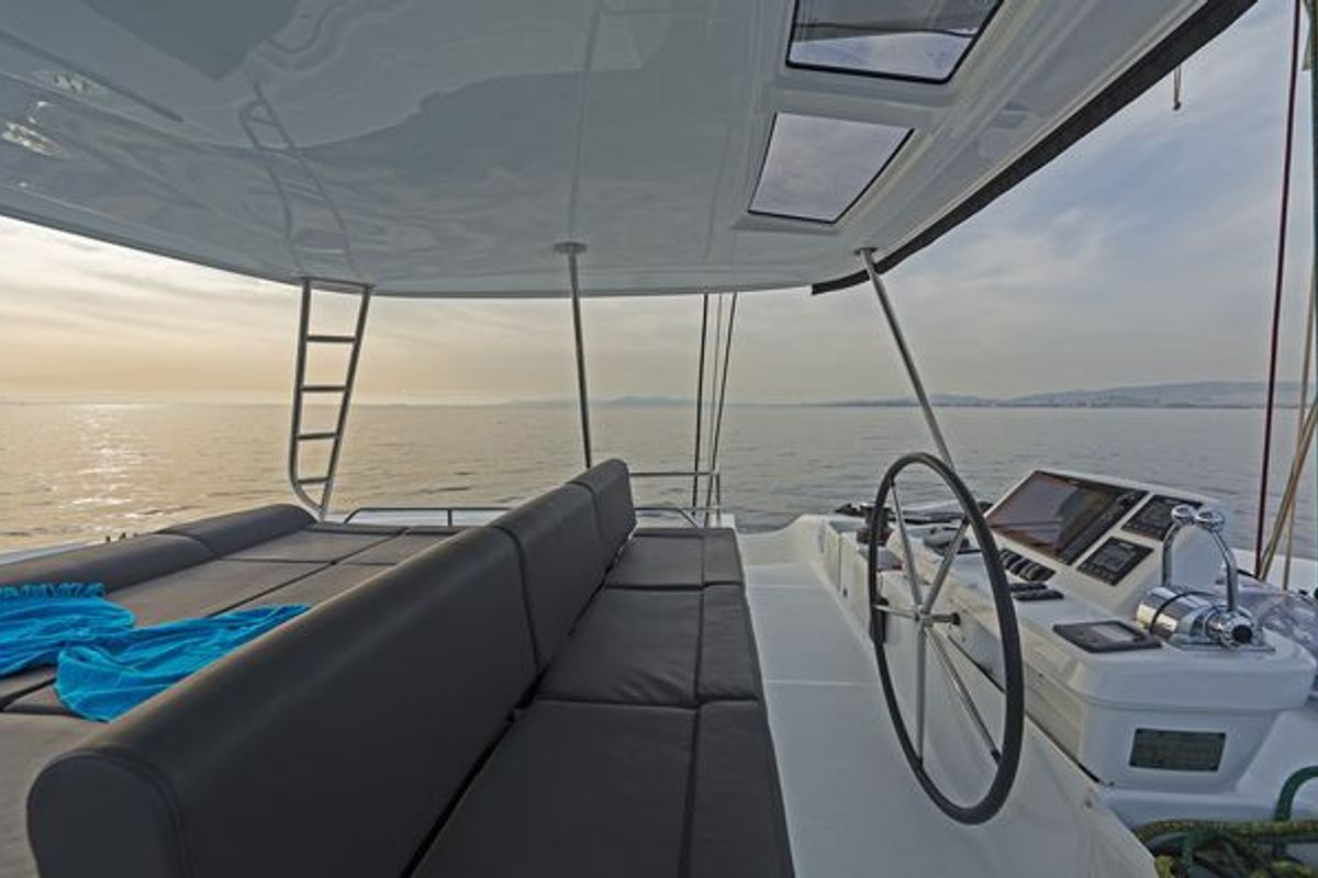 Cockpit of K3, a Lagoon 50 catamaran at Kos, Greece