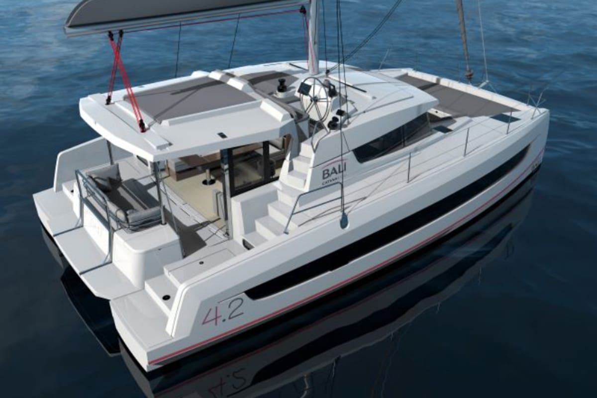 Exterior view of Leo, a Bali 4.2 OW catamaran at Lavreotiki Municipal Unit, Greece