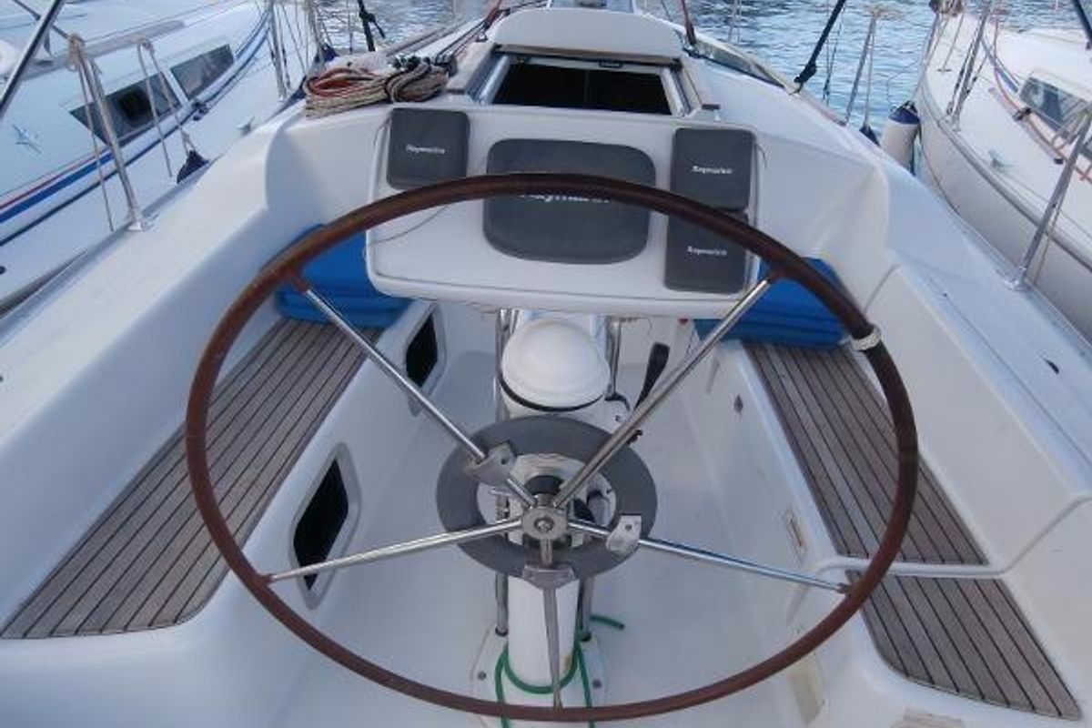 Cockpit of Charoula, a Jeanneau Sun Odyssey 32i sailboat at Municipal Unit of Lefkada, Greece