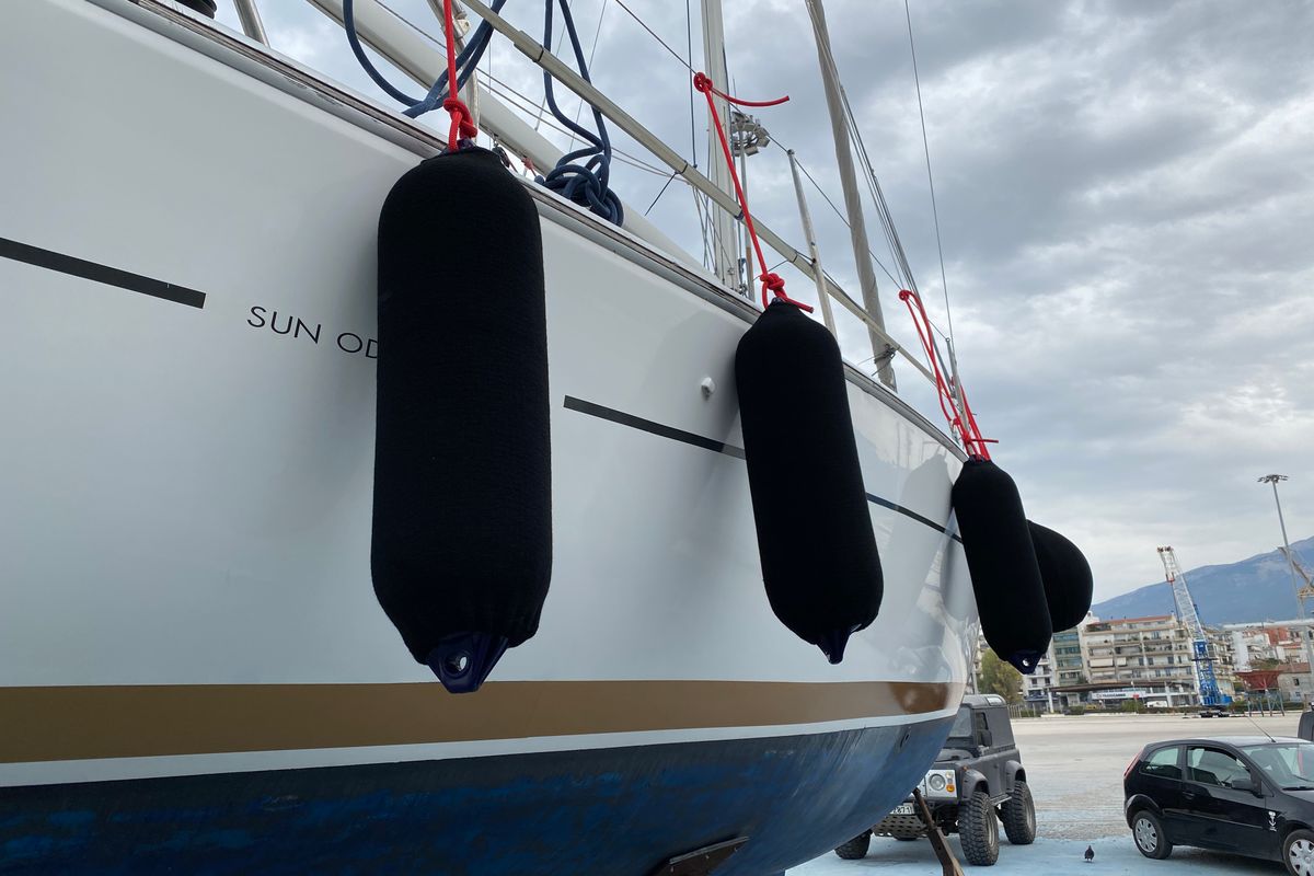 Exterior view of Charoula, a Jeanneau Sun Odyssey 32i sailboat at Municipal Unit of Lefkada, Greece