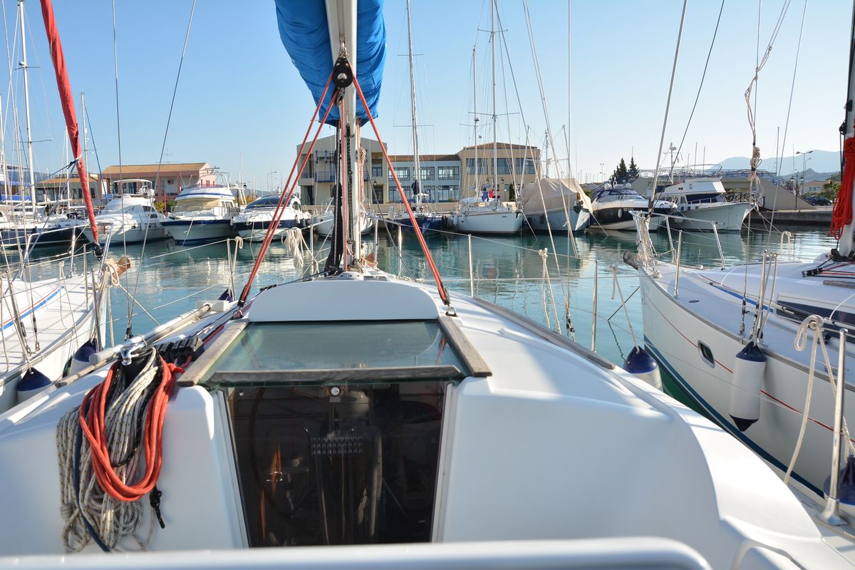 Exterior view of Charoula, a Jeanneau Sun Odyssey 32i sailboat at Municipal Unit of Lefkada, Greece