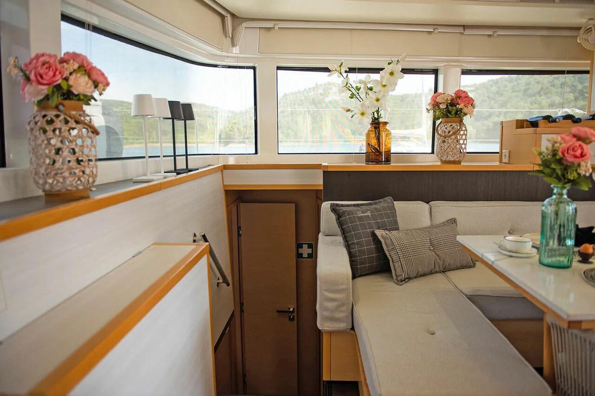 Salon of Serenity, a Lagoon 52 catamaran at Grad Kaštela, Croatia