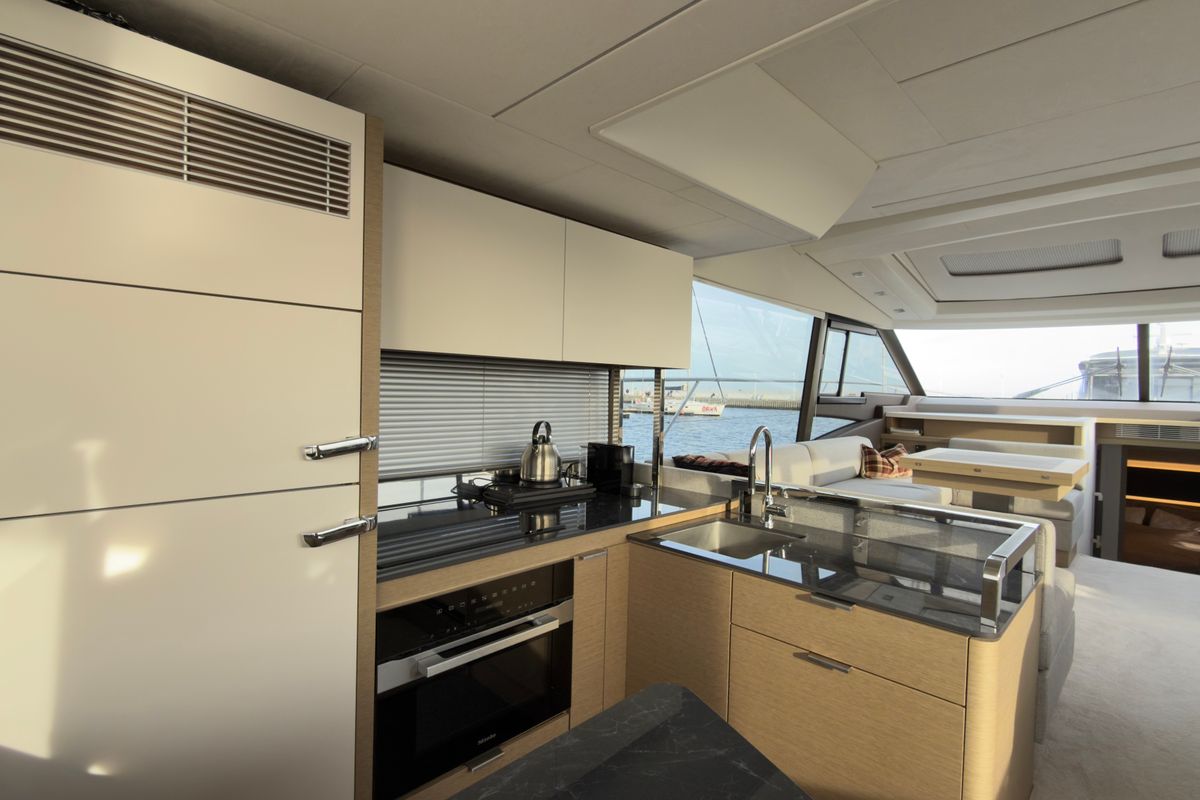 Galley of Dzianiny.Club 2, a Jeanneau Prestige 590 Flybridge yacht at Općina Sukošan, Croatia