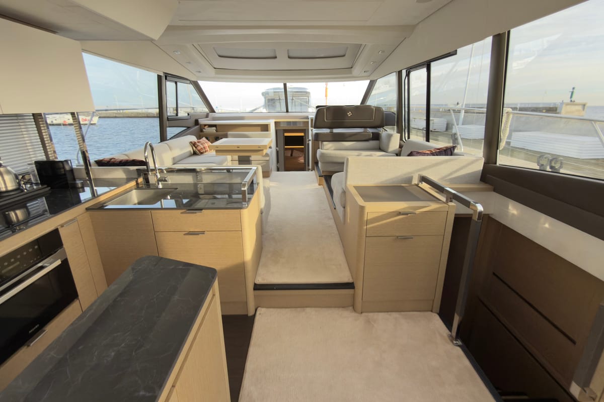 Salon of Dzianiny.Club 2, a Jeanneau Prestige 590 Flybridge yacht at Općina Sukošan, Croatia