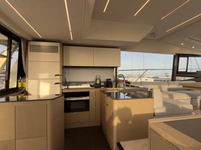 Galley of Dzianiny.Club 2, a Jeanneau Prestige 590 Flybridge yacht at Općina Sukošan, Croatia