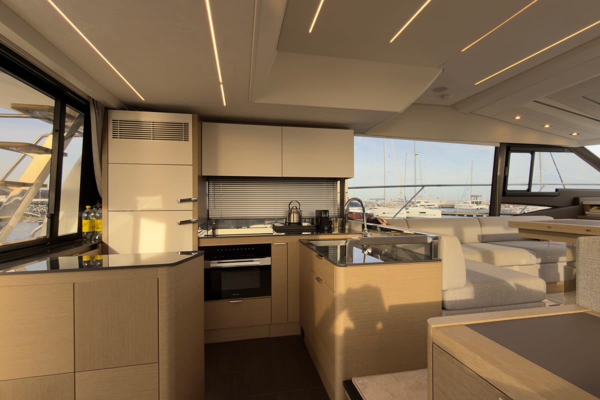 Galley of Dzianiny.Club 2, a Jeanneau Prestige 590 Flybridge yacht at Općina Sukošan, Croatia