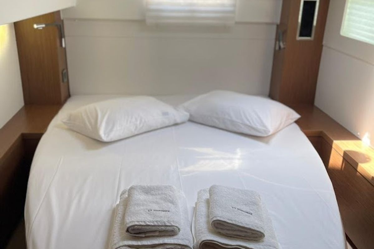 Cabin on Sundowner, a Lagoon 46 catamaran at Preveza, Greece