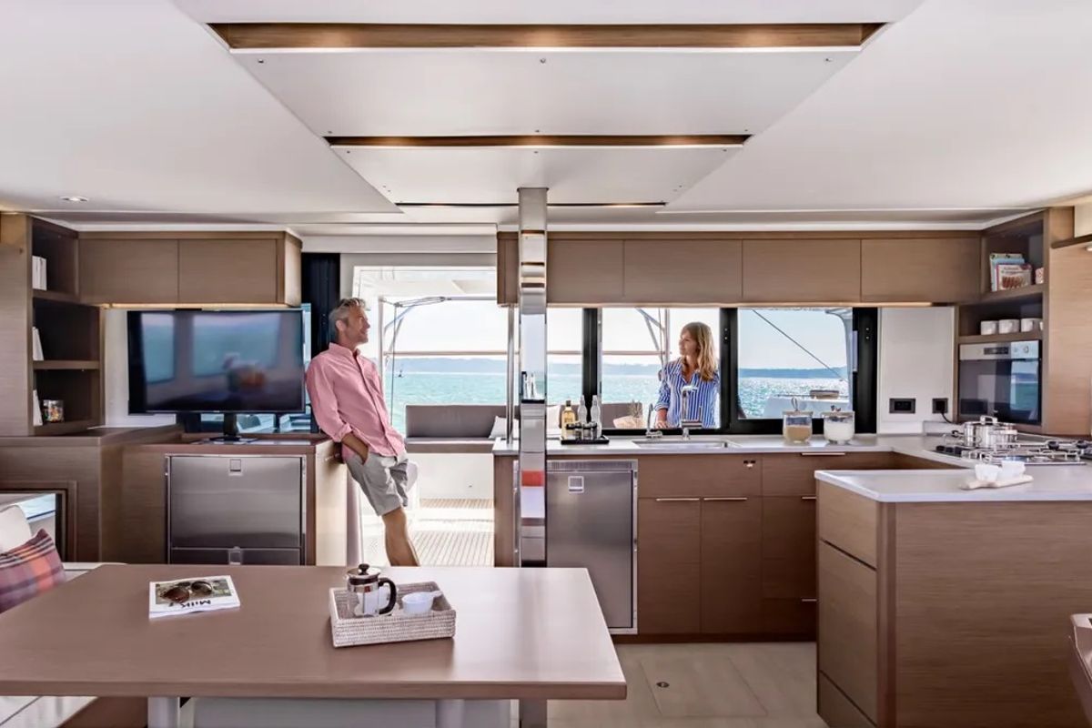 Salon of Sundowner, a Lagoon 46 catamaran at Preveza, Greece