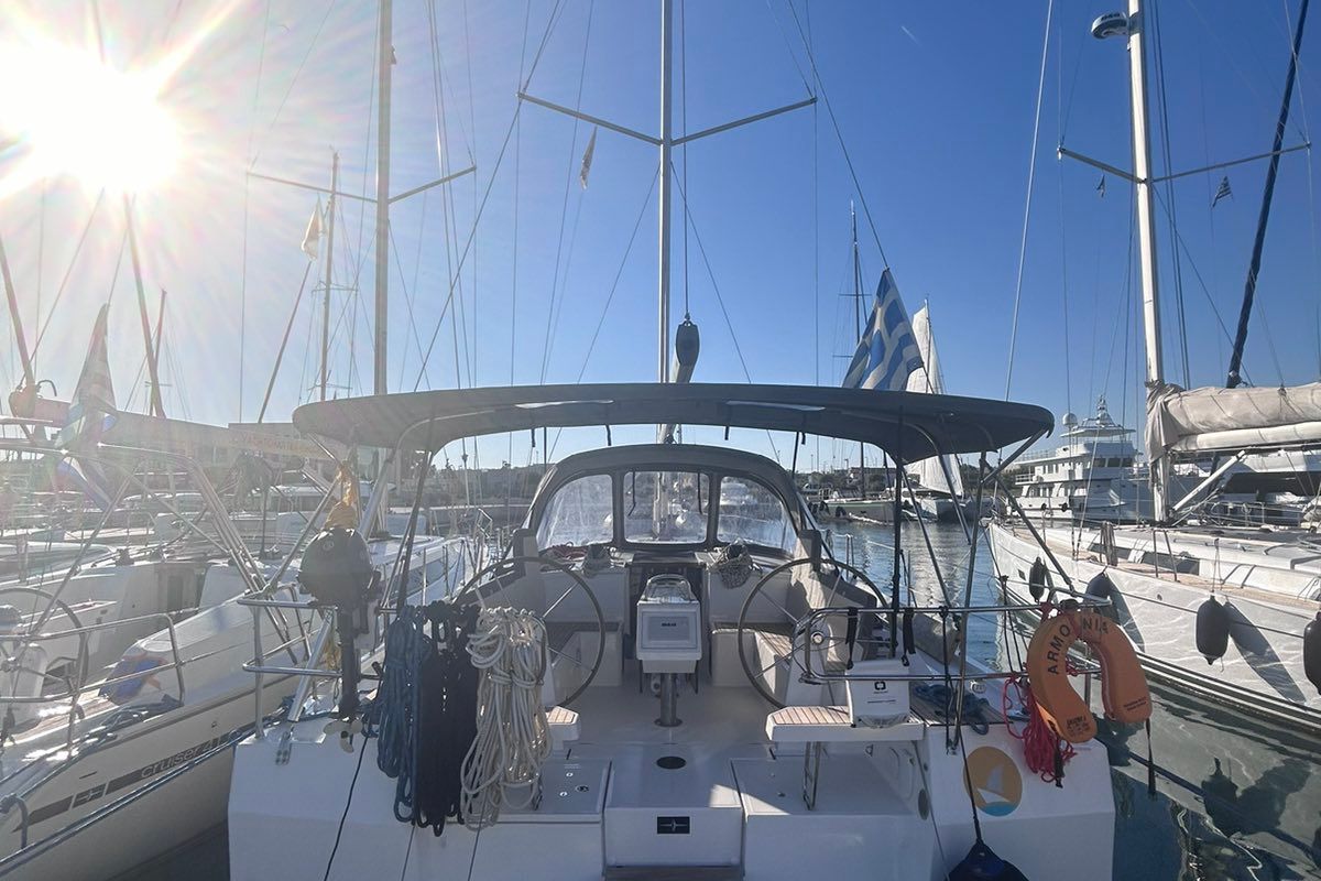 Cockpit of Harmonia, a Bavaria C42 sailboat at Municipal Unit of Rhodes, Greece