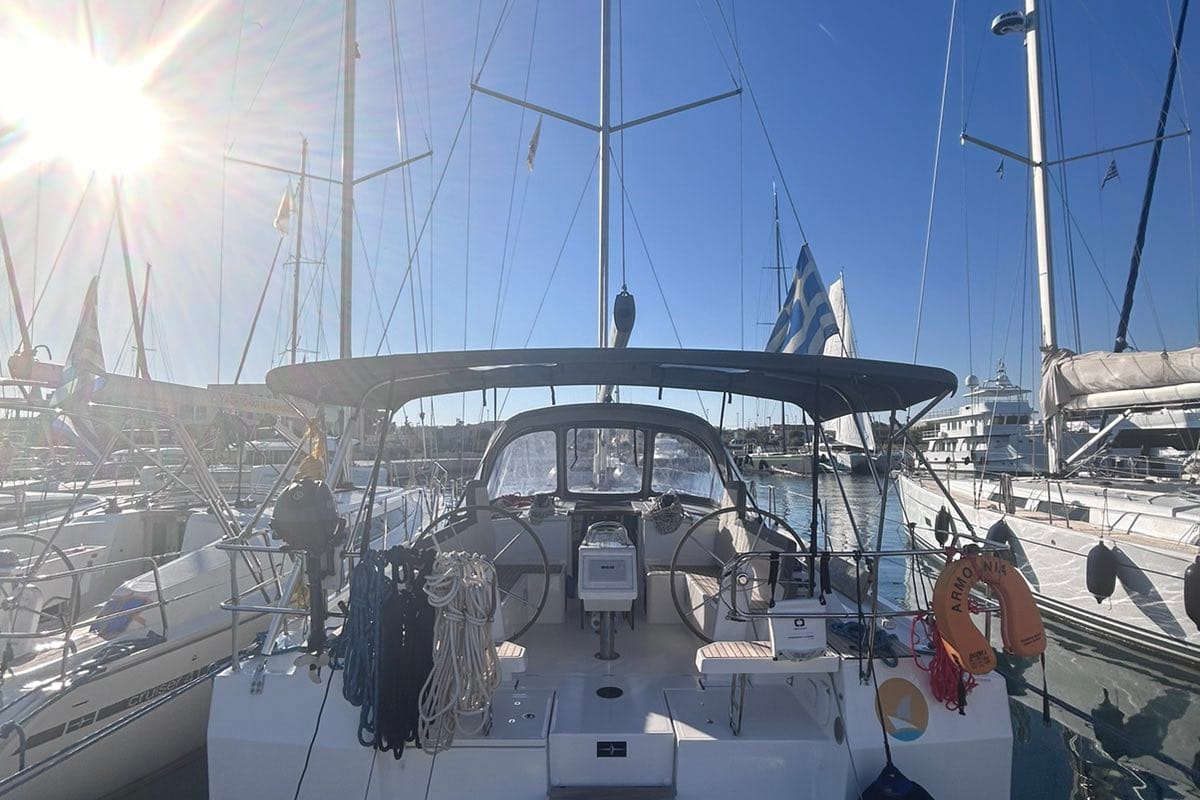 Exterior view of Harmonia, a Bavaria C42 sailboat at Municipal Unit of Rhodes, Greece