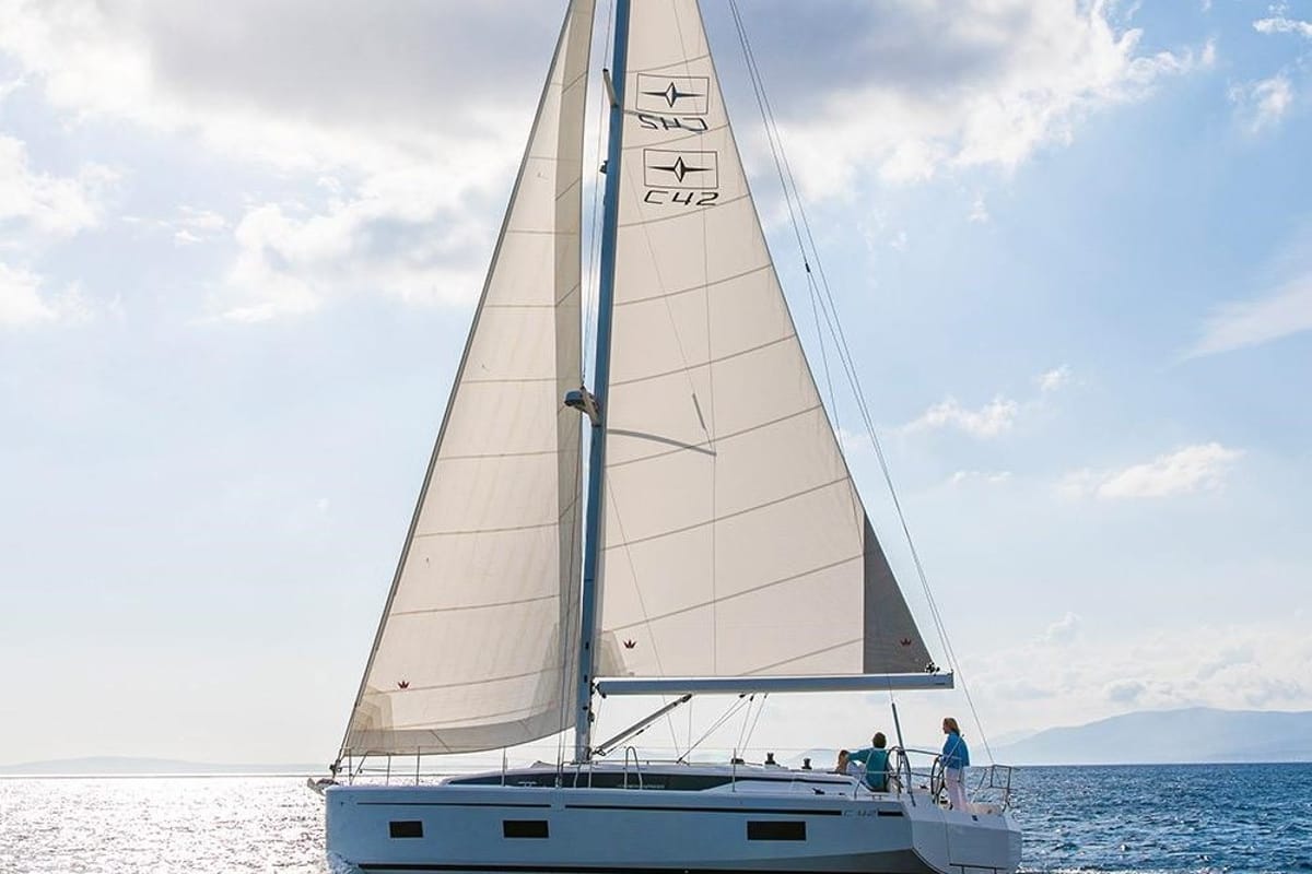 Exterior view of Harmonia, a Bavaria C42 sailboat at Municipal Unit of Rhodes, Greece