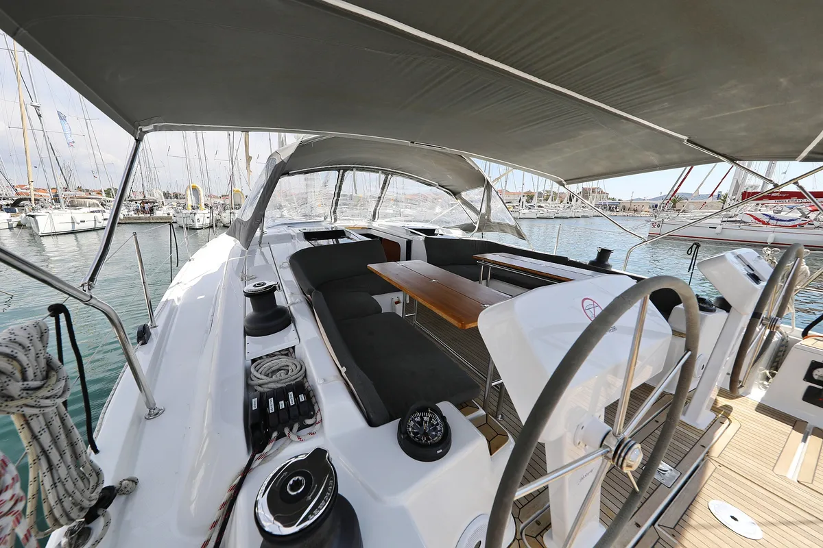 Cockpit of Supernatural, a Hanse Yachts Hanse 508 sailboat at Grad Biograd na Moru, Croatia