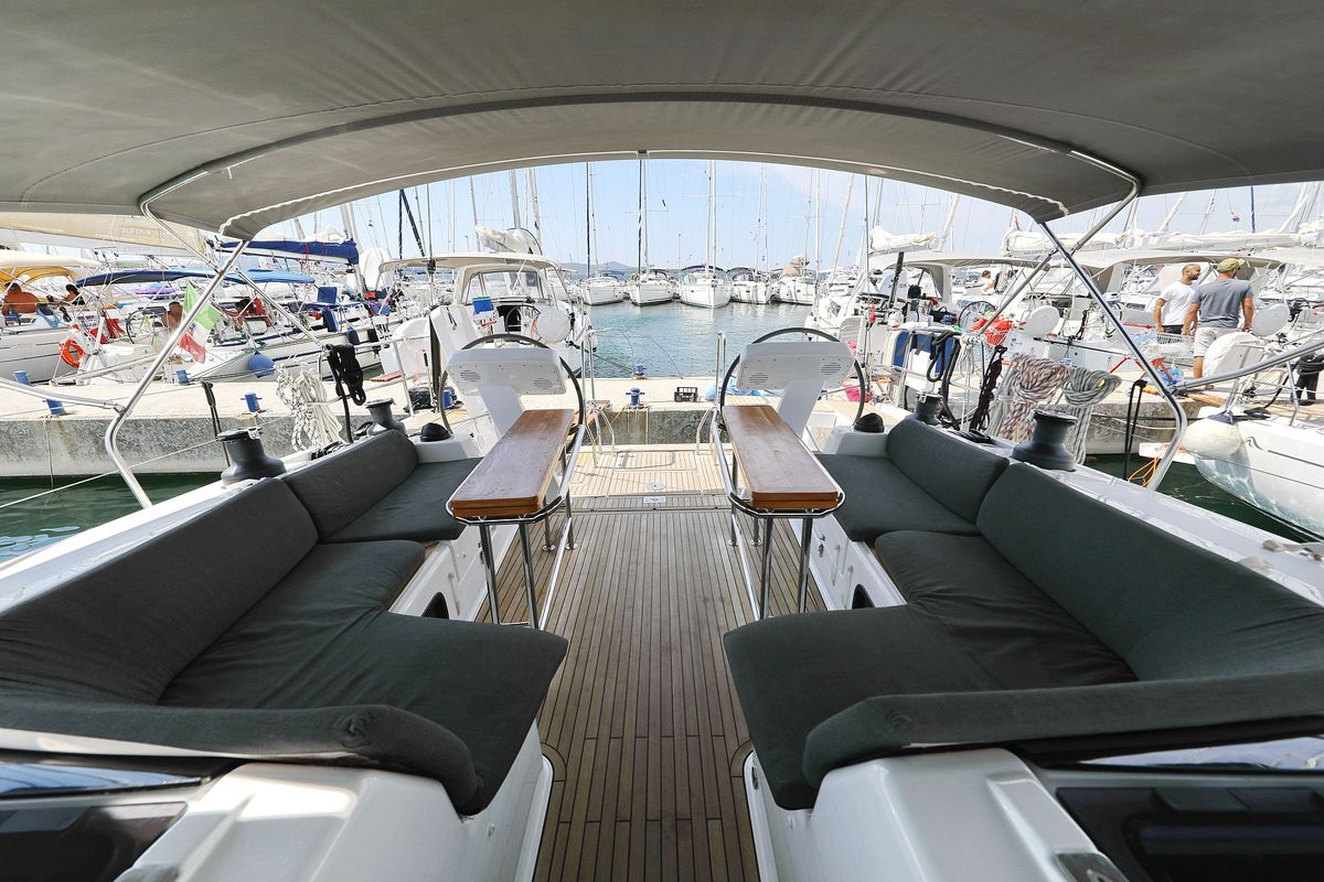 Cockpit of Supernatural, a Hanse Yachts Hanse 508 sailboat at Grad Biograd na Moru, Croatia