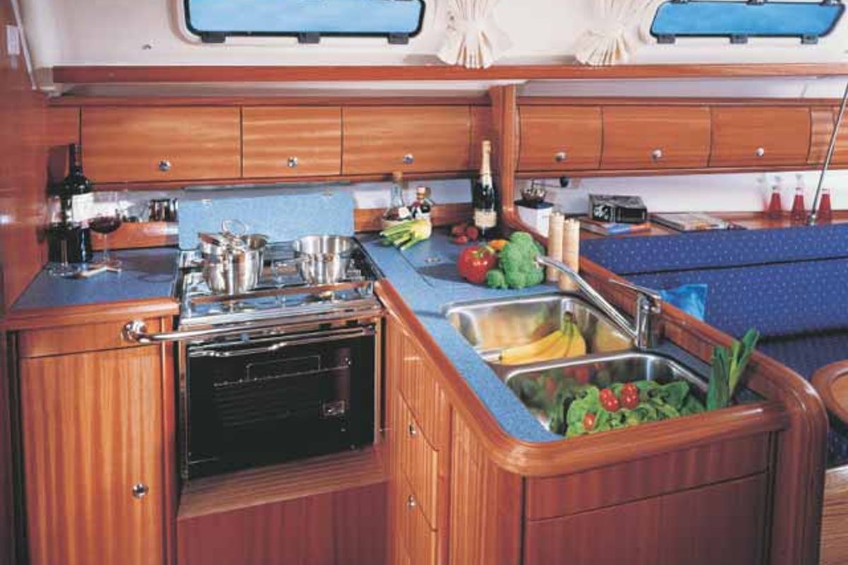 Galley of Emanuel, a Bavaria 36 sailboat at Grad Trogir, Croatia