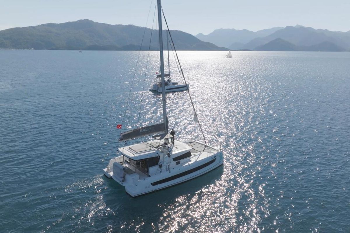 Exterior view of Ediba Toddler, a Bali 4.2 catamaran at Marmaris, Turkey