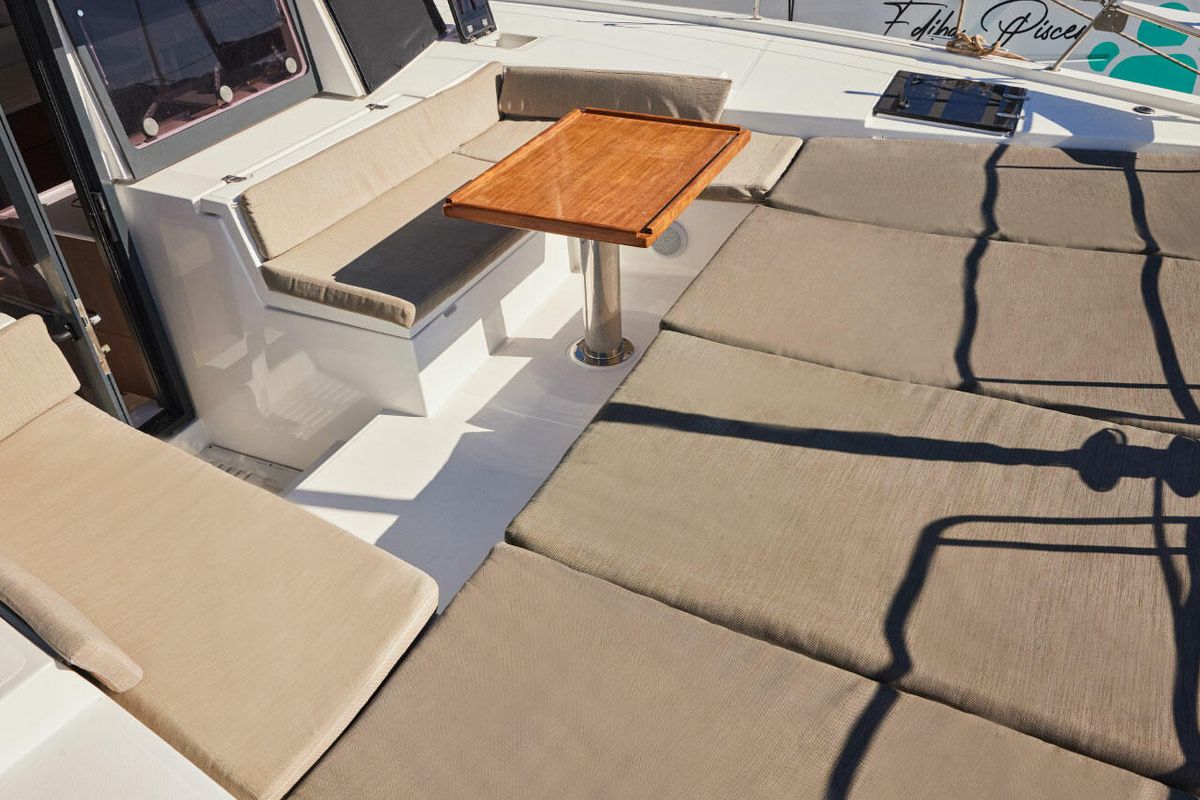 Deck of Ediba Toddler, a Bali 4.2 catamaran at Marmaris, Turkey
