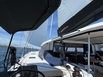 Deck of Good Vibes, a Nautitech 48 Open catamaran at Cogolin, France