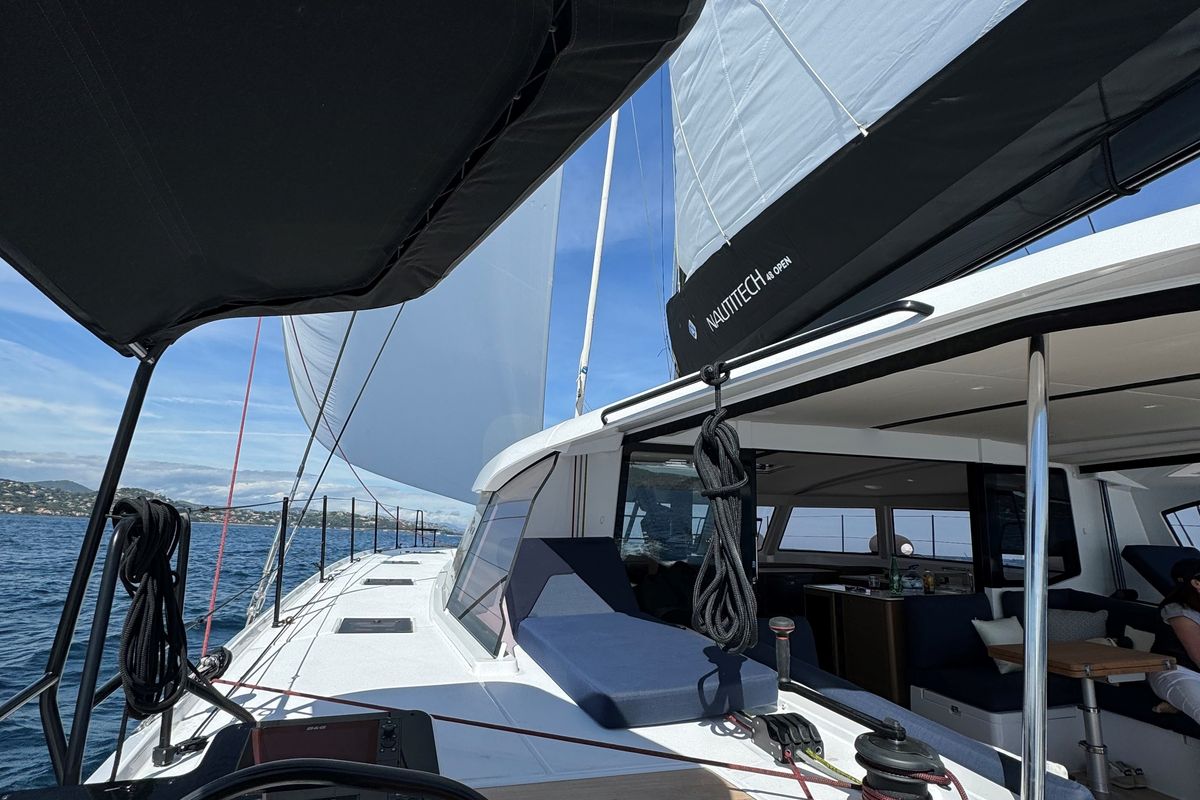 Deck of Good Vibes, a Nautitech 48 Open catamaran at Cogolin, France