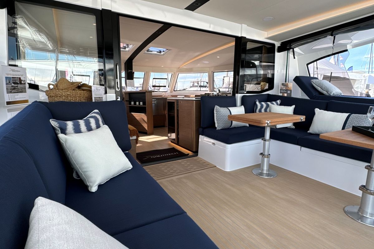 Salon of Good Vibes, a Nautitech 48 Open catamaran at Cogolin, France