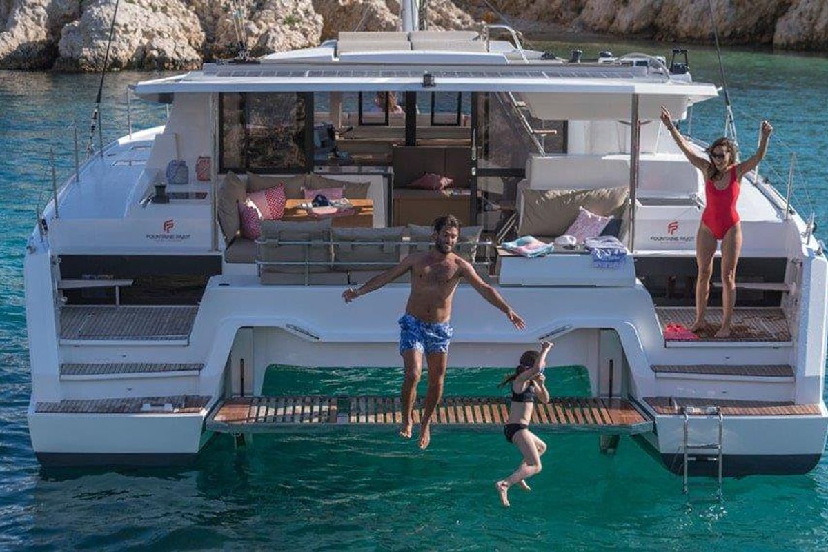 Exterior view of Vida, a Fountaine Pajot Astrea 42 catamaran at Road Town, British Virgin Islands