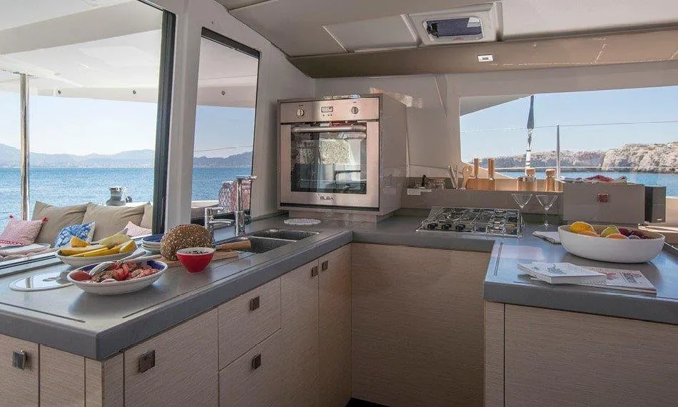 Galley of Vida, a Fountaine Pajot Astrea 42 catamaran at Road Town, British Virgin Islands