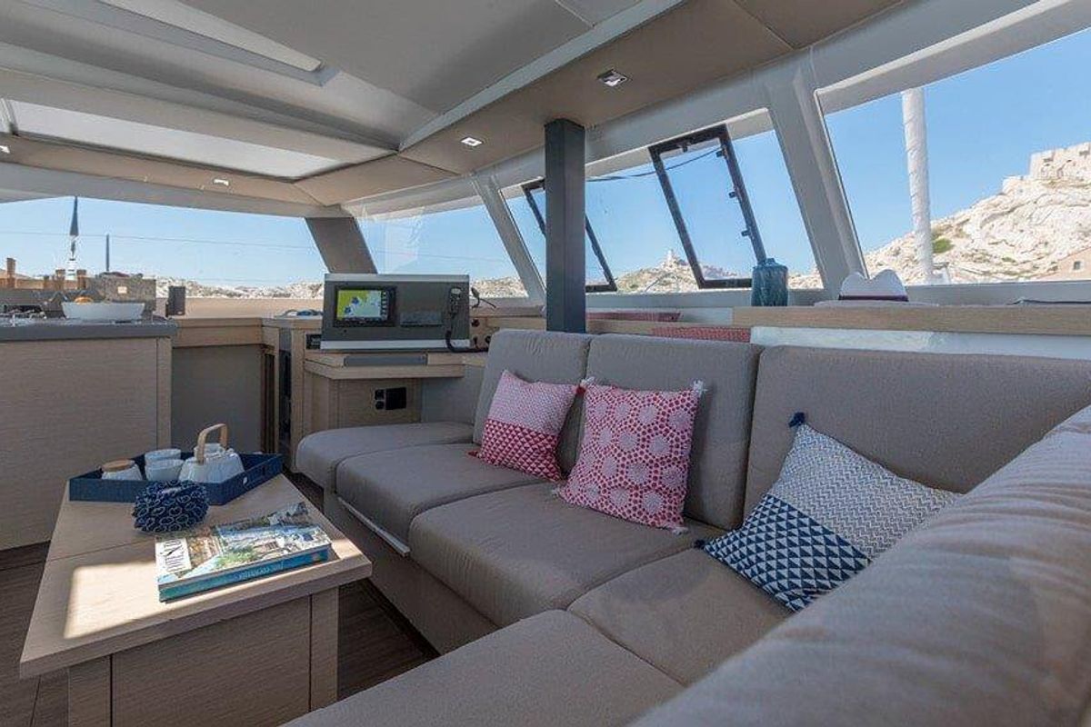 Salon of Vida, a Fountaine Pajot Astrea 42 catamaran at Road Town, British Virgin Islands
