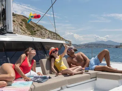 Deck of Vida, a Fountaine Pajot Astrea 42 catamaran at Road Town, British Virgin Islands