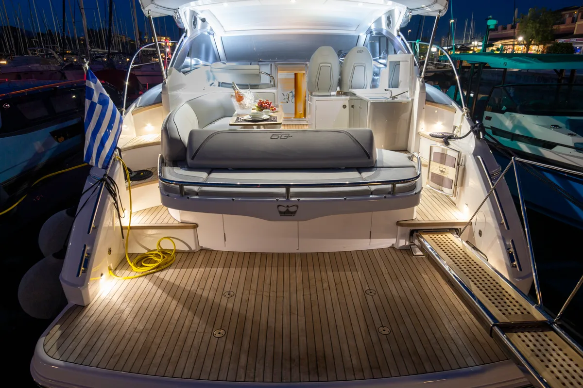 Deck of IMA, a Princess Yachts Princess V 40 motorboat at Gouvia, Greece