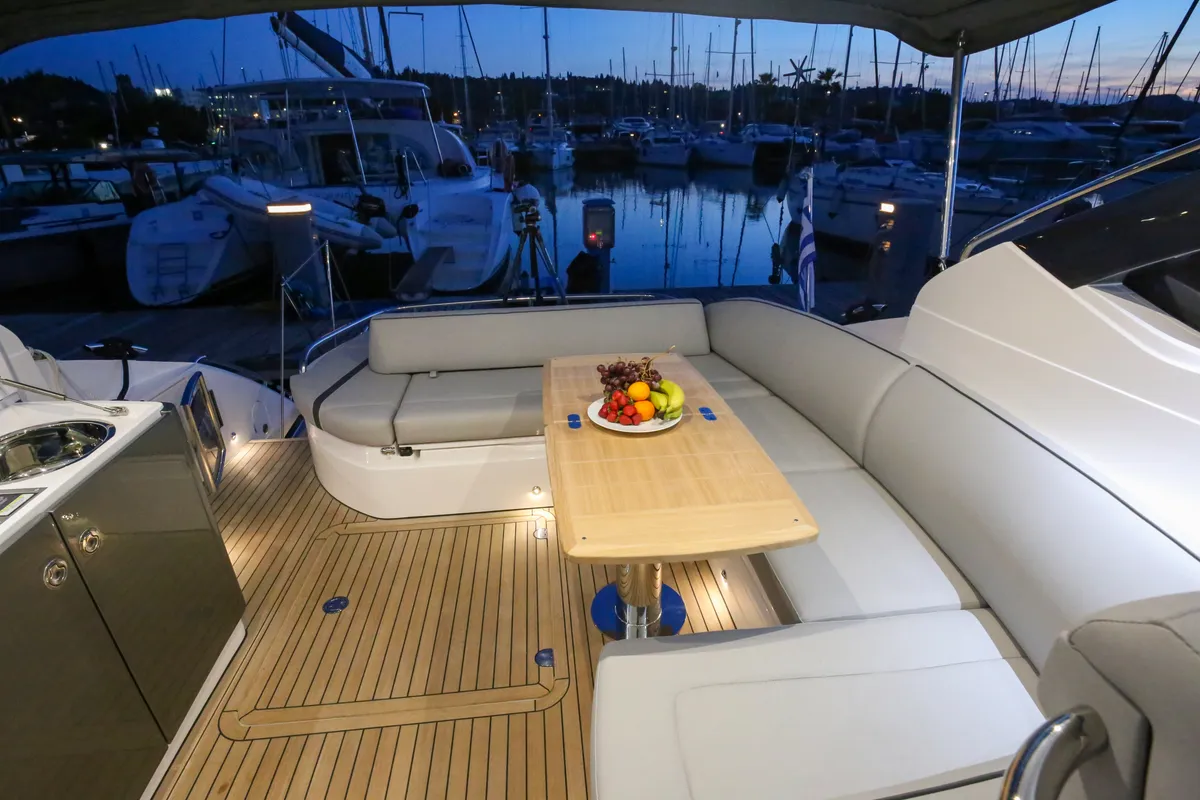 Deck of IMA, a Princess Yachts Princess V 40 motorboat at Gouvia, Greece