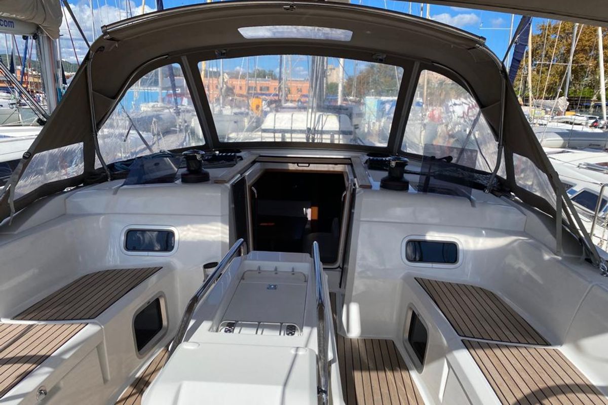 Deck of Alboran Pacharan (Majorca), a Jeanneau Sun Odyssey 519 sailboat at es Jonquet, Spain