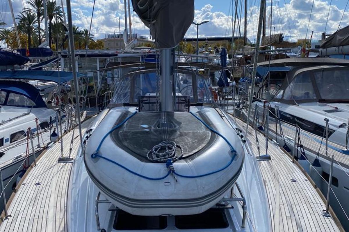 Deck of Alboran Pacharan (Majorca), a Jeanneau Sun Odyssey 519 sailboat at es Jonquet, Spain