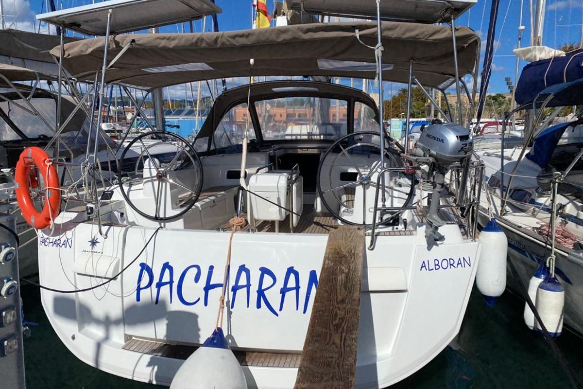 Exterior view of Alboran Pacharan (Majorca), a Jeanneau Sun Odyssey 519 sailboat at es Jonquet, Spain