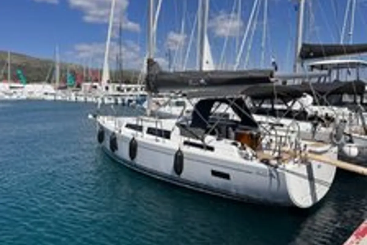 Exterior view of FuFu, a Hanse Yachts Hanse 388 sailboat at Seget Donji, Croatia