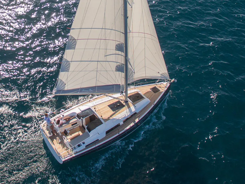 Exterior view of FuFu, a Hanse Yachts Hanse 388 sailboat at Seget Donji, Croatia
