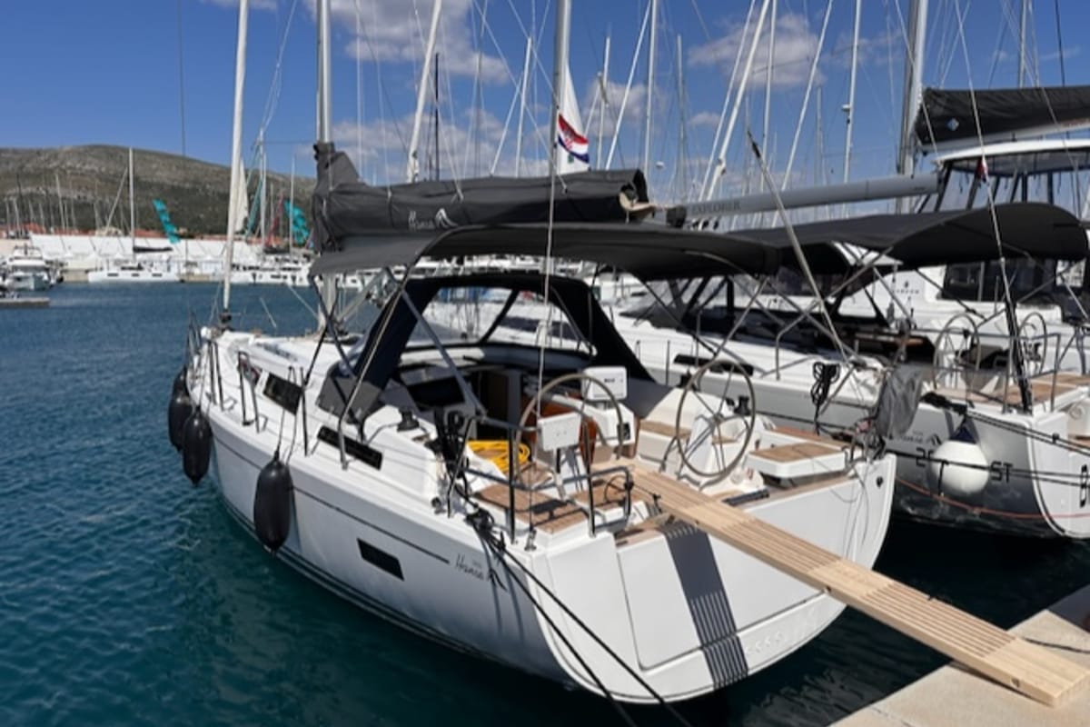 Exterior view of FuFu, a Hanse Yachts Hanse 388 sailboat at Seget Donji, Croatia